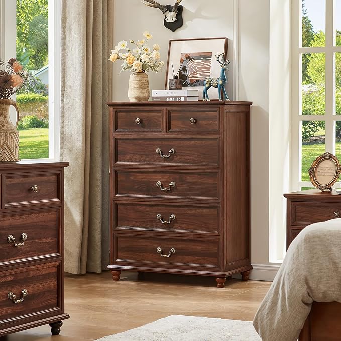 Joaxswe Farmhouse 6 Drawer Dresser for Bedroom, 42" Tall Rustic Chests of Drawers w/ 4 Solid Wood Feet, Mid Century Modern Wooden Closet Storage Dressers Organizer for Living Room, Hallway,Brown - Image 8