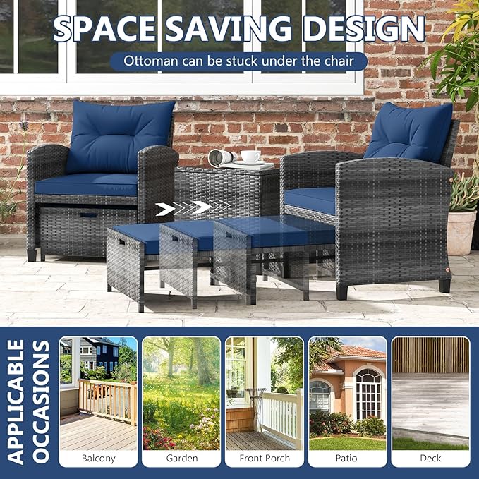 ORALNER 5 Pieces Patio Furniture Set with Ottoman, Wicker Conversation Set w/Cushions, Glass Coffee Table, Outdoor Lounger Rattan Chairs Bistro Set for Porch Balcony Garden Deck Poolside (Navy)