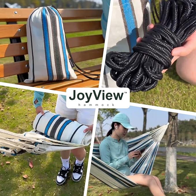 JoyView Brazilian Double Hammock with Hanging Ropes Extra Large 86.6x59” Portable Cotton Hammock for Patio Backyard Porch 450LBS Weight Capacity Perfect for Outdoor/Indoor - Natural White - Image 6