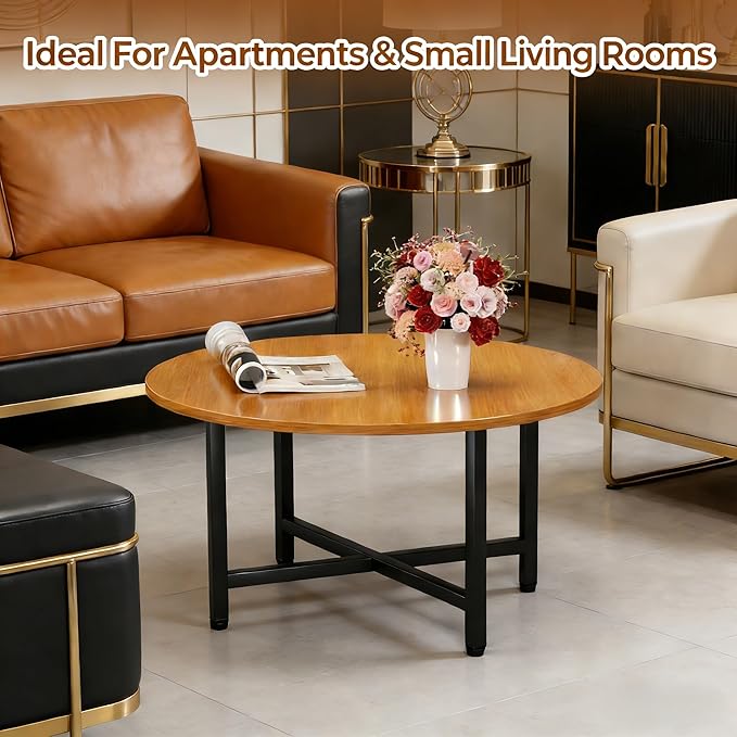 Coffee Table, 23.6" Coffee Tables for Living Room, Round Coffee Table with Metal Frame, Floor Table for Sitting on The Floor, Home, Office, Honey Brown