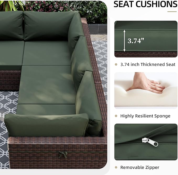 UPHA 9 Pieces Patio Furniture Sets, Wicker Outdoor Sectional Sofa Couch with Coffee Table, Patio Conversation Set for Deck Backyard Garden, Brown Rattan, Pine Green Cushion