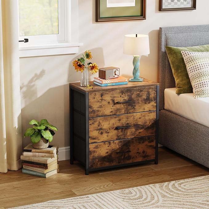Memobarco Nightstand, End Table, Bedside Table, Small Tall Dresser for Bedroom with 3 Storage Drawer, Chest of Drawers Fabric Dressers with Steel Frame, Wooden Top & Front for Living Room - Image 8