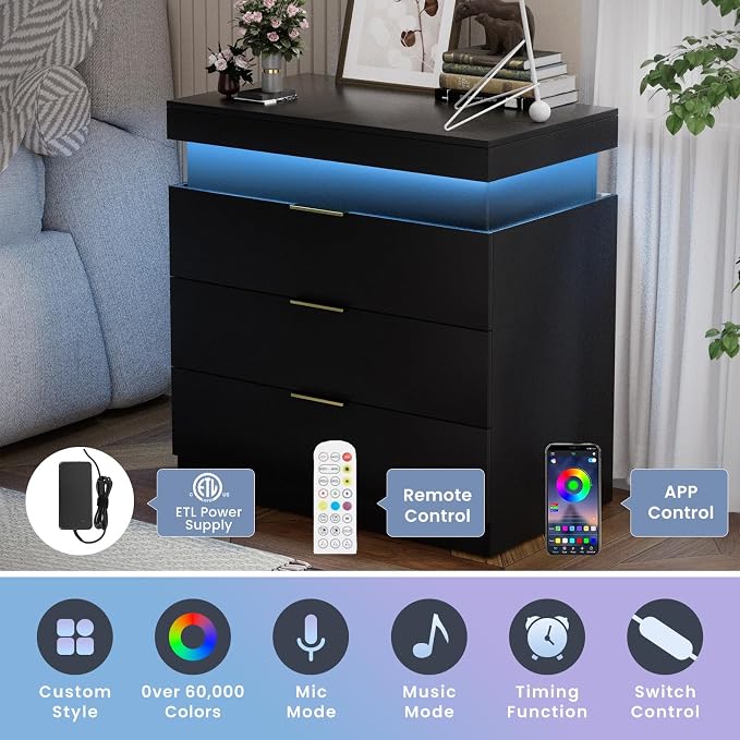30.5” Smart Nightstand with Charging Station & LED Lights, 3-Drawer Night Stand Bedside Table with Sliding Top & Anti-Tip Design, Modern End Table for Bedroom and Living Room (Black) - Image 4