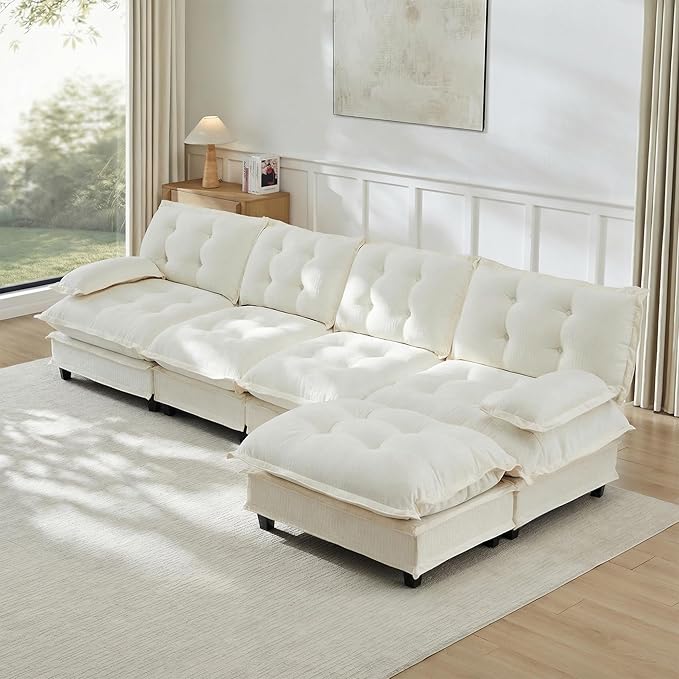 Oversized Modular Sectional Sofa with Reversible Ottoman, 138" Wide L-Shaped Chenille Cloud Couch for Living Room, Deep Seat Furniture Set with Detachable Pillow Armrest and Thickness Cushions | Free Combination, Tufted