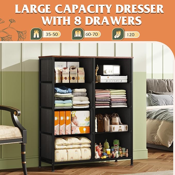 WLIVE Fabric Dresser for Bedroom, Tall Dresser with 8 Drawers, Storage Tower with Fabric Bins, Double Dresser, Chest of Drawers for Closet, Playroom, Dormitory, Pattern - Image 4