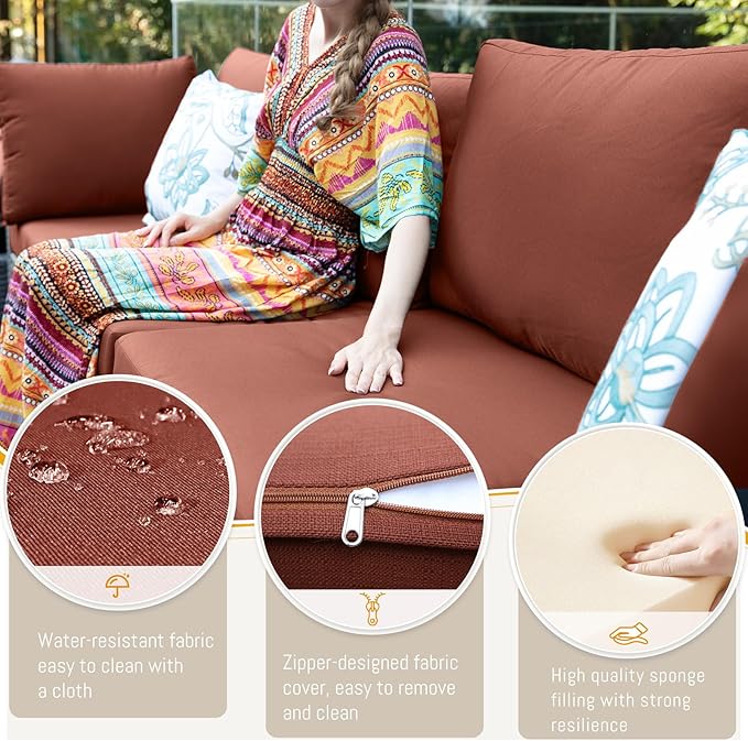 BULEXYARD 9 Piece Highback Patio Furniture Set with Fire Pit Table, Modern Modular Outdoor Sectional Couch Sofa with Ottoman, 8-Person Backyard Seating for Outside, Deck, Brown Wicker & Red Cushion