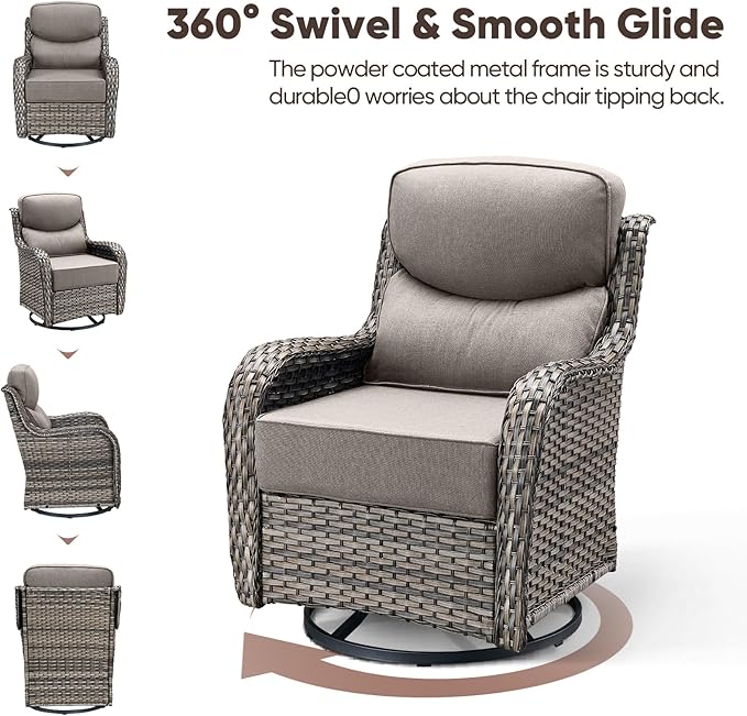 Swivel Patio Chairs sofa Set of 5 with 6" Thick Cushion - Wicker Outdoor Swivel Rocker Patio Chair ,Sofa/Glass coffee table, High Back Comfortable Outdoor Glider Chairs - Grey Wicker | Grey Cushions