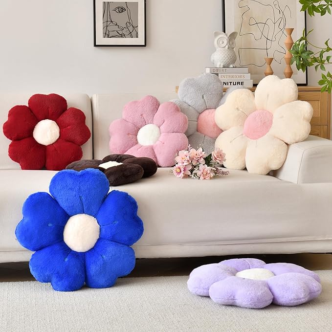 Flower Shaped Pillow, Cute Decorative Throw Pillows with Soft Rabbit Fur for Couch Bed Chair Floor, Christmas Pillow Seating Cushions with Room D??cor for Bedroom Living Room(14.9 Inches, Claret)