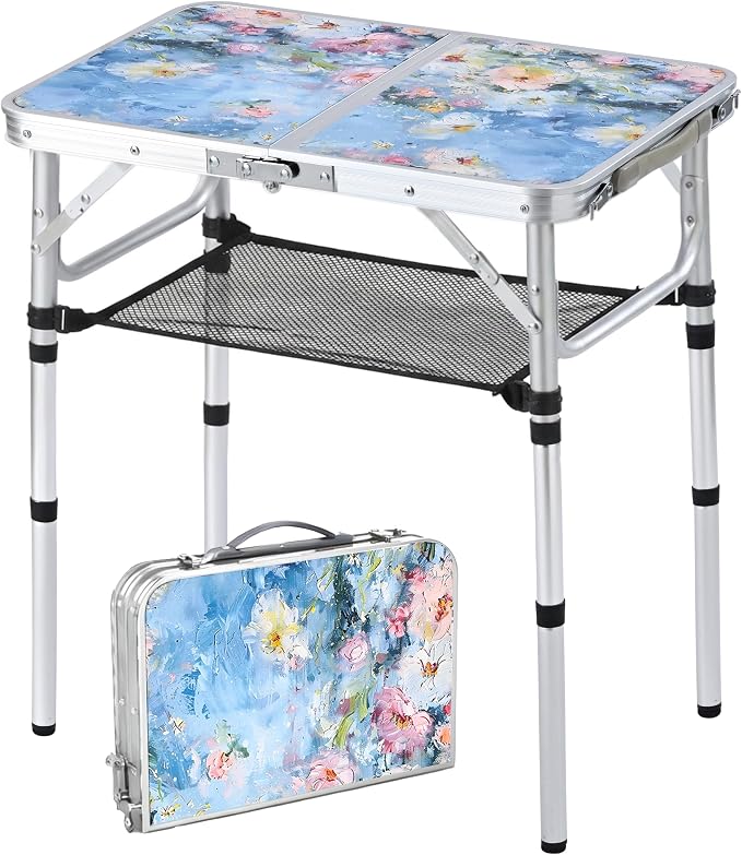 Outdoor Side Table, Portable 3 Adjustable Height Small Outdoor Folding Table, Aluminum Foldable Patio Side Tables for Outside Indoor, Plant Stand Coffee End Table for Garden, Balcony(Provence Dreams) by Yriuat