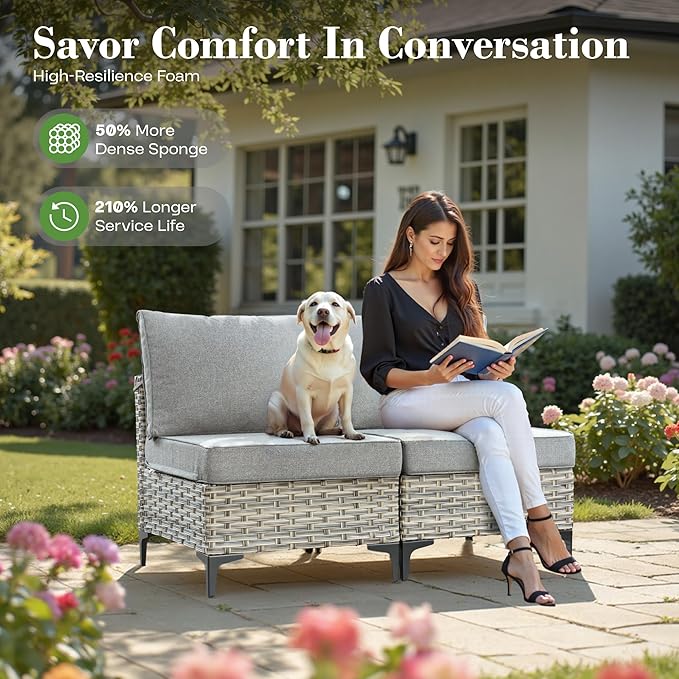 7 Piece Outdoor Patio Furniture with Glowing Coffee Table, Rattan Wicker Conversation Set with Sofa, Sectional Single Chairs for Outside Porch Balcony Backyard Pool,Grey