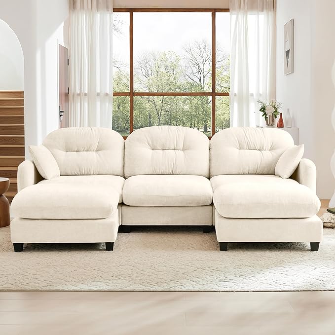 KEIKI 107" U-Shaped Oversized Chenille Modular Sectional Sofa with 2 Ottoman, High-Density Foam Cushions, Tufted Pleated Cushion Backrest, Modern 3-Seater Couch with 2 Pillow, for Living Room, Beige