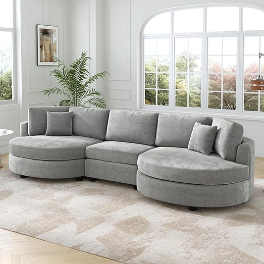 Merax 129 inches 3-Seater Curved Chenille Sofa, Modern Upholstered Living Room Couch with Thick Cushions, Includes 2 Throw Pillows, Easy Assembly, Dark Grey