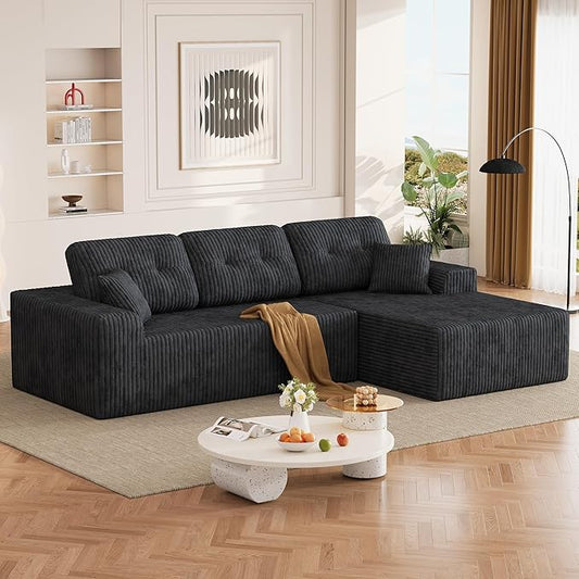 Ball & Cast 106" Boneless Sectional Sofa, Corduroy Modular L Shaped Couch with Deep Seat Chaise, Cloud Style Oversized Sofa for Living Room, No Assembly, Right Facing,Grey