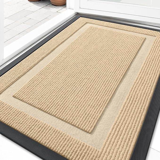 OLANLY Front Door Mat Indoor Outdoor Entrance, Waterproof All-Season, All-Weather Doormat, Sturdy Natural Rubber, Fade Resistant, Low Profile, Easy Clean Patio Porch Entryway Mat, 36x24, Beige by OLANLY