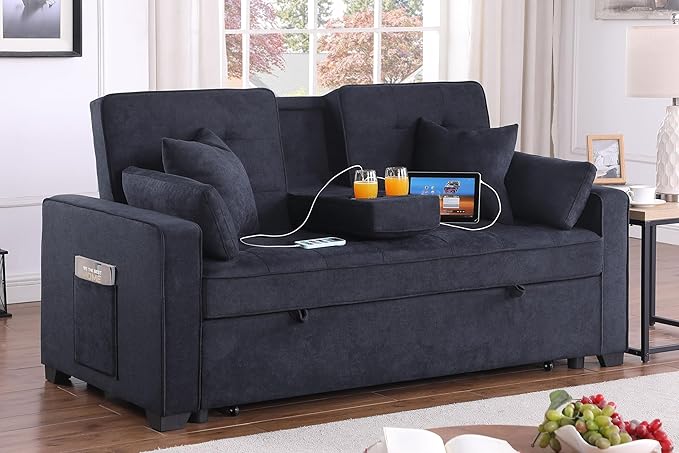 ERYE 70-Inch Loveseat Sleeper Pull Out Sleeper Couch Bed and Drop-Down Cupholders, 3 in 1 Convertible Sleeper Sofa Bed Oversized Tufted Lounge Daybed with Reclining Backrest | Cup Holder, USB-C Charging Ports