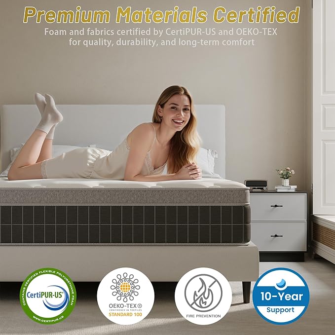 14″ Twin Hybrid Mattress – Cooler, Quieter & Deeper Comfort, Airflow Foam + Pocket Coils, 2″+ Plush Cushion, Heavy-Duty Support, CertiPUR-US, Fiberglass-Free, Mattress in a Box