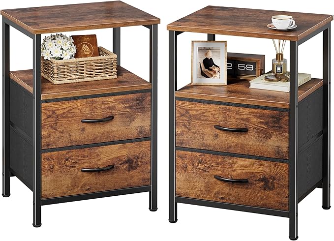 Huuger Night Stand Set of 2, Nightstand with 2 Drawers, Bed Side Table with Open Shelf, Wooden Top, End Table, Fabric Drawer, for Bedroom, Rustic Brown by Huuger