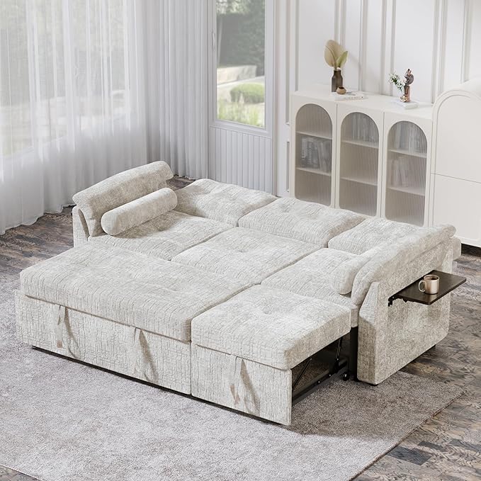 Convertible Queen Sofa Bed, 63 Inch Chenille Pull Out Couch with Side Table, 3 Seat Pull Out Sofa Bed with Level Adjustable Backrest, Comfy Sleeper Sofas for Living Room, Apartment, Beige