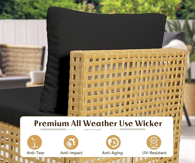 LHBcraft 7-Piece Wicker Outdoor Patio Furniture Set, Modular Rattan Outdoor Furniture, Patio Conversation Sets, Handmade Rattan, Water Resistant Fluffy Cushions and Coffee Table, Black