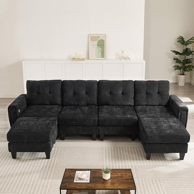 ERYE 115-Inch U-Shaped Modular Sectional Sofa Include 2 Ottomans and 4 Seat, Comfy Chenille Upholstered Tufted U Shaped Sectional Couch W/Coffee Table and USB-C Ports