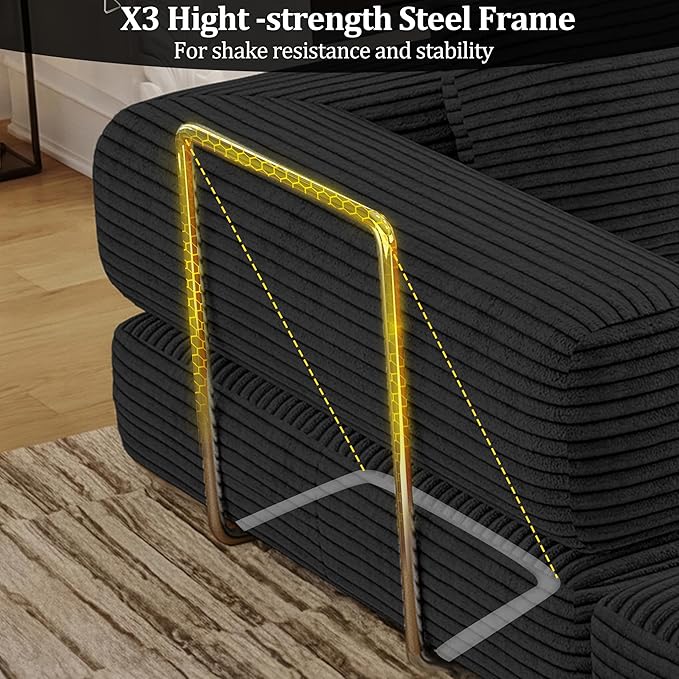 4-in-1 Foldable Sofa Bed Teddy Foam-Filled Compressed Couch Loveseat Sofa Boneless Foldable Convertible Sleeper Sofa Couch for Space Saving Living Room, Guest Bed, Playroom (Black, 53.15"Double Sofa)