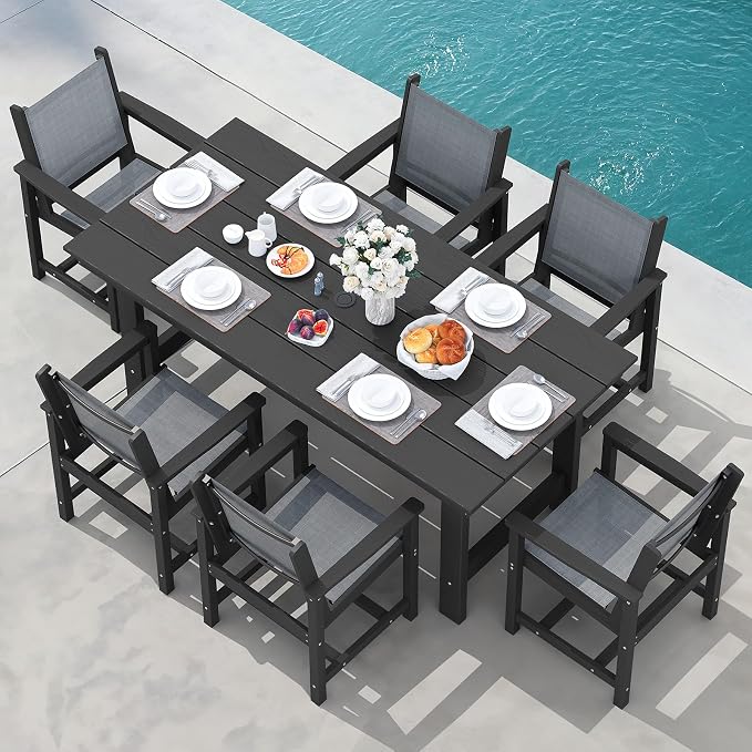 SERWALL Patio Dining Sets for 6, Outdoor HDPE Dining Set with Umbrella Hole Cut-Out Table and 6 Woven Chairs, Black by SERWALL