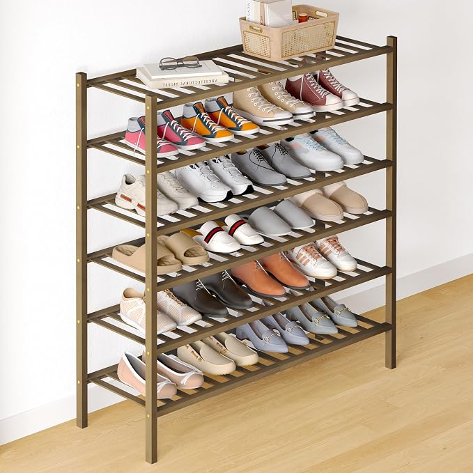 Smiry Bamboo Shoe Rack for Closet, 6 Tier Long Wooden Stackable Shoe Organizer, Free Standing Shoes Storage Shelf for Entryway, Front Door Entrance, Walnut by Smiry