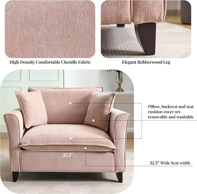 46.3 Inch Oversized Armchair Chenille Fabric Chair and a Half Single Sofa with Pillow Removable Washable Covers Rubberwood Legs Ruffled Armrests for Living Room Bedroom Office Apartment, Pink