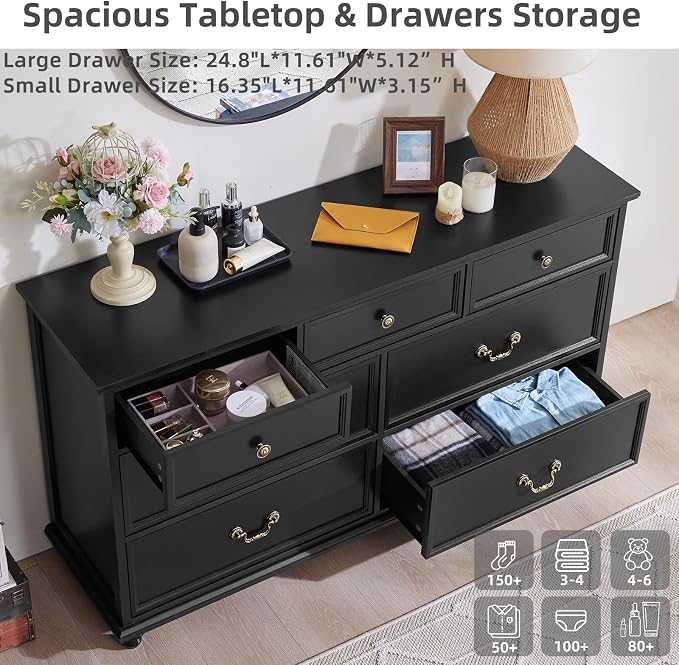 Joaxswe Farmhouse 54" 7 Drawers Dresser for Bedroom, Wide Chest of Drawers w/ 4 Wooden Legs, Vintage Large Closet Storage Dressers Organizer for Hallway, Wood Rustic TV Stand for Living Room, Black - Image 5