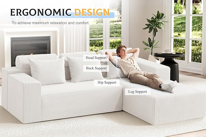 Homguava Modular Sectional Couches for Living Room,105" Cloud Couch with L-Shape Chaise,Comfy Sofa Living Room Sofas with Deep Seat,No Assembly L Couch,Corduroy Fabric(Beige,R)
