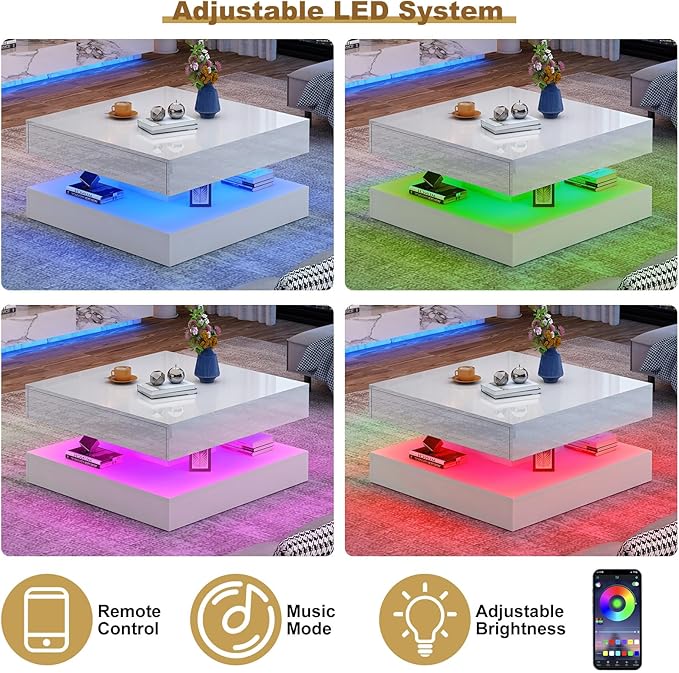 33.9" LED Coffee Table with Storage, Modern High Glossy Living Room Table w/2 Drawers,Double-Layer Design Large Square Center Table for Living Room, Home, Office, White
