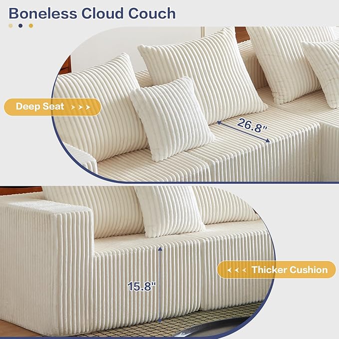 101 Inch Cloud Sectional Couch, Boneless Sofa for Living Room, Corduroy Modular Couch with L Shape Chaise, Modern Compressed Sofa in a Box, Memory Foam Filling (Beige)