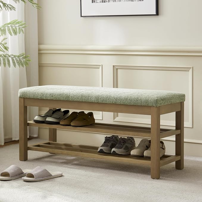 VKNOW 44.3” Wooden Entryway Bench, 2-Tier Upholstered Shoe Bench for Bedroom, Storage End of Bed Bench with Rubberwood Legs for Living Room, Hallway, Green by VKNOW