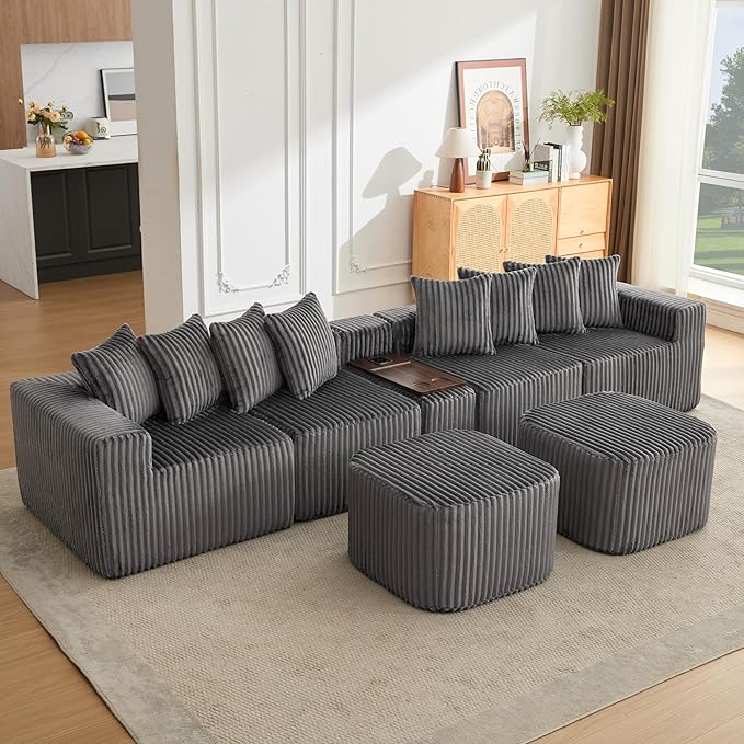 Oversized Cloud Modular Sectional Sofa Boneless Couch with Movable Ottomans,Free Combination Memory Foam Floor Couch with Charging Port & Cup Holders for Living Room | Coffee Table Board, Wireless Charge, No Assembly