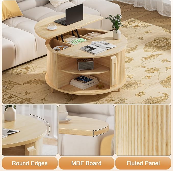 Round Lift Top Coffee Table, 31.5" Fluted Wood Lift Up Center Table with Sliding Door & Hidden Storage – Mid Century Modern Circle Coffee Table for Living Room, Apartmentm, Home Office (Natural)
