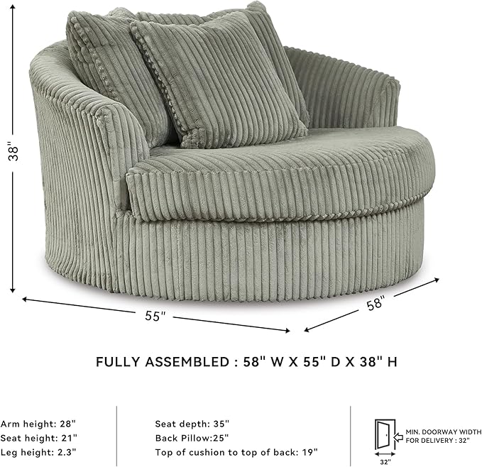 Signature Design by Ashley Lindyn Contemporary Oversized Accent Chair with 360-Degree Swivel, Feather Blend Throw Pillows, Corded Fabric, Gray