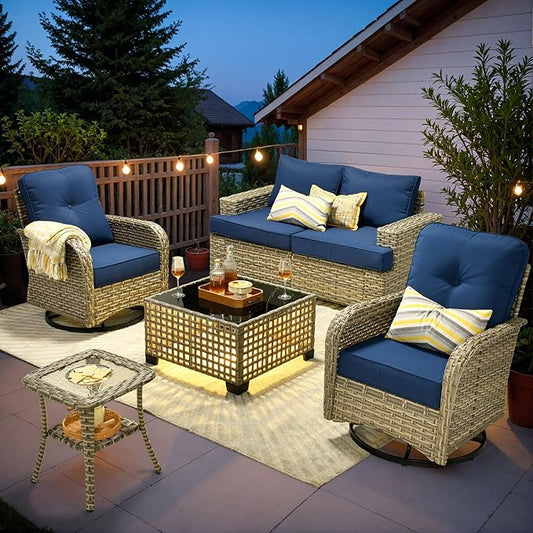 ovios 6 Piece Patio Sectional Furniture with Swivel Rocking Chairs, Rattan Wicker Coversation Set with Glowing Coffee Table, Outdoor Sofa Set for Outside Porch Balcony Backyard Pool, Navy Blue