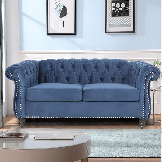LEVNARY Velvet Sofa, Chesterfield Tufted Upholstered 2 Seater Couch, Modern Loveseat Couch Classic Furniture for Living Room Bedroom (Blue)