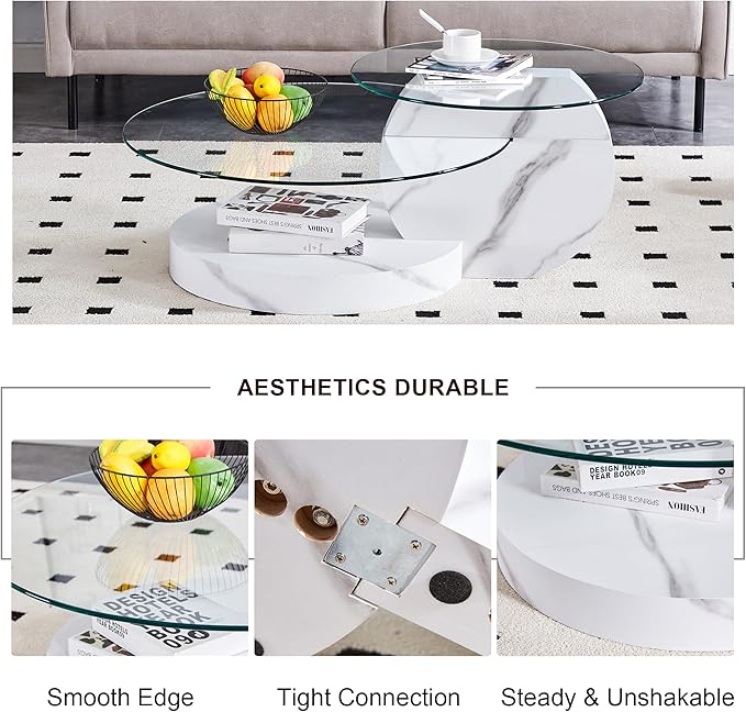 42" Glass Coffee Table, Round Coffee Table, 2-Tier Tempered Glass Tabletop with White Faux Marble Base, Modern Center Table for Living Room, Home, Apartment, Ideal for Small Space