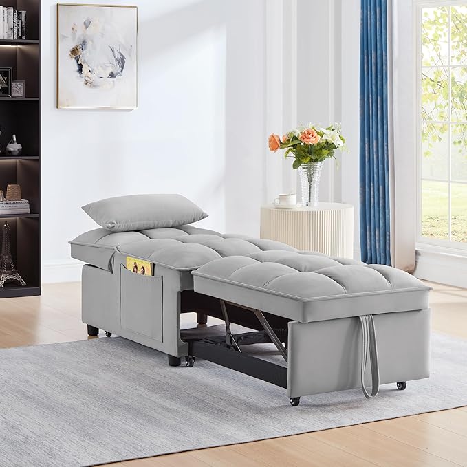 3 in 1 Convertible Sleeper Sofa Chair, Velvet Tufted Single Pull Out Couch Bed with Adjustable Backrest and Pillow