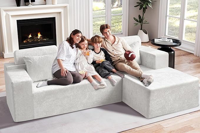 Homguava Modular Sectional Couches for Living Room,105" Cloud Couch with L-Shape Chaise,Comfy Sofa Living Room Couch with Deep Seat,No Assembly L Couch,Luxury Distressed Velvet(Begie,R)