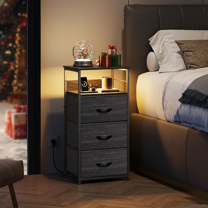 WLIVE Nightstand with Charging Station, 31.9" H Nightstand with 3 Fabric Drawers, LED Bedside Table with USB Ports and Outlets, End Table for Dorm, Bedroom, Entryway, Charcoal Black Wood Grain Print - Image 2