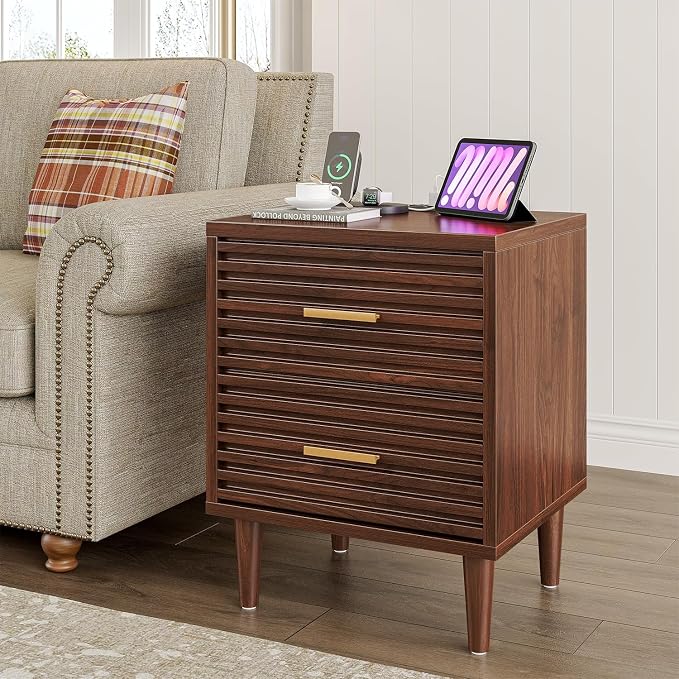 Alohappy Night Stands with Charging Station Set of 2, Mid Century Modern Nightstands, Wooden Bedside Table for Bedroom, End Table with Storage Drawers, Bed Side Table with USB Outlets, Brown 2pcs - Image 5