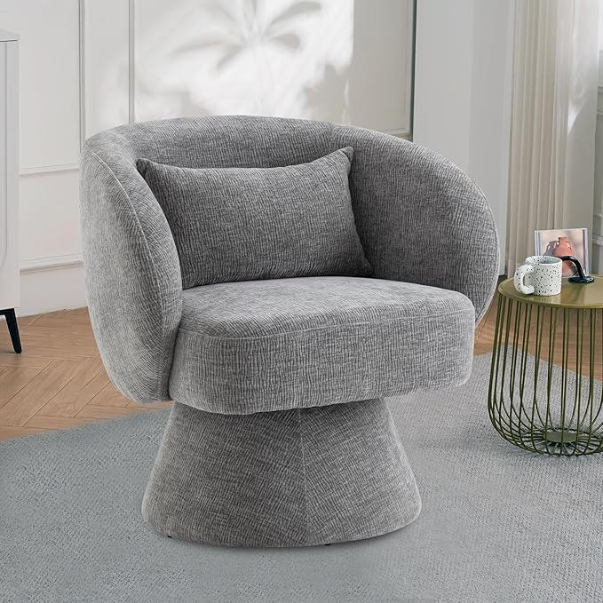360° Swivel Accent Chair, Modern Velvet Barrel Chair with Pillow, Upholstered Single Sofa for Living Room, Bedroom, Office. Grey
