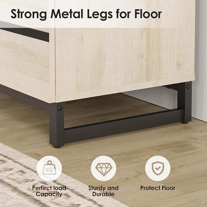WAMPAT Nightstand with 3 Drawers for Bedroom, Modern Bedside Table with Black Square Metal Leg, Wood Rustic Side End Table, Beige, 2 Pcs - Image 7