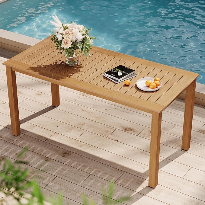 YEFU Outdoor Dining Table for 6: All Weather Rectangular Patio Table with Umbrella Hole and Aluminum Frame - Outdoor Furniture for Outside Backyard/Garden/Pool/Porch/Deck, 300lbs Capacity, Teak by YEFU