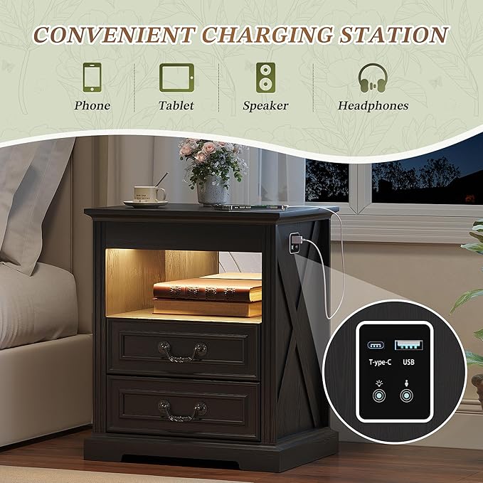 Dystler Night Stand Set 2 with Gun Drawer, Bedside Tables with LED Light & Human Sensor, Nightstands Gun Safe with 2 Drawers for Bedroom, Farmhouse End Table with Charger Station, Black - Image 5