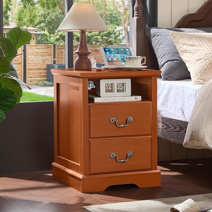 Farmhouse Nightstands with Charging Station,18" End Table with 2 Drawers,Farmhouse Nightstand with Vintage Handles, Bedside Cabinet for Bedroom,Caramel - Image 5