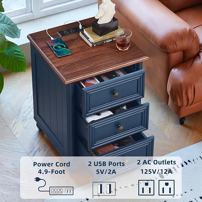 RWYHG 18" Farmhouse Nightstand with Charging Station and USB Port, Blue Night Stand with 3 Drawers, Wood Bedside End Table with Storage, Bed Side Tables for Bedroom Living Room and Closet - Image 3