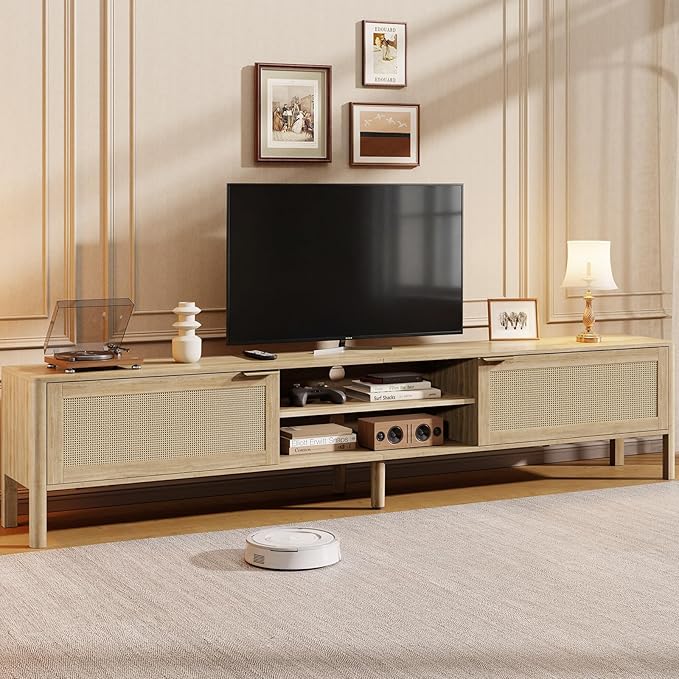 IKALIFE Rattan TV Stand for Living Room - Fits up to 80 Inch TVs, Rattan Media Console Table with Adjustable Shelves & 2 Storage Cabinets, Mid-Century Modern Entertainment Center, Oak 71" by IKALIFE